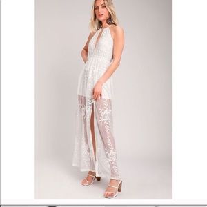 HONEY PUNCH Sheer Lace Halter Maxi White Dress